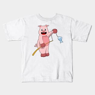 Pig at Fishing with Fishing rod & Fish Kids T-Shirt